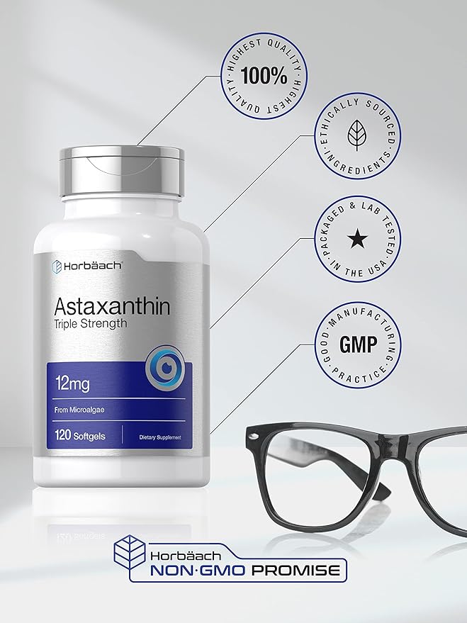 Horbäach Astaxanthin Supplement | 12mg | 120 Softgels | Triple Strength | from Microalgae | Non-GMO &amp Gluten Free