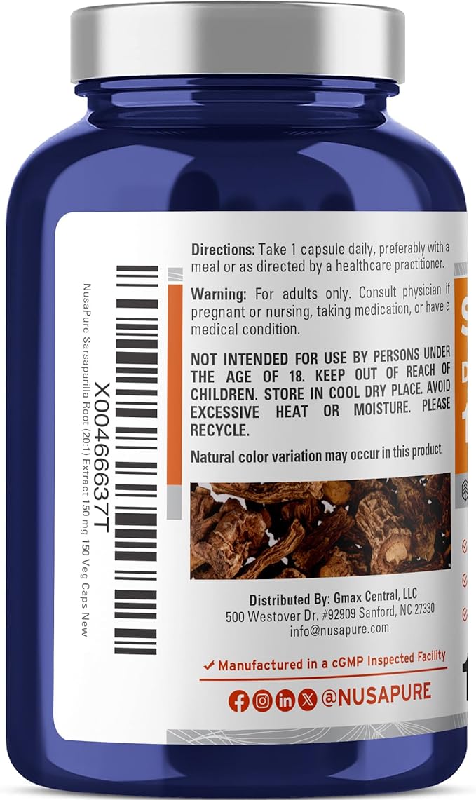 NusaPure Sarsaparilla Root Capsules 150 mg 150 Veg Capsules (Non-GMO Vegan)