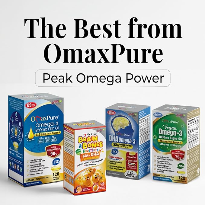 LABO Nutrition OmaxPure DHA Omega 3 Fish Oil | IFOS Certified High Strength rTG Omega 3 Fatty Acids Supplement with DHA &amp EPA - for Brain Eye Prenatal Support | 120 Mini Softgels 60 Servings