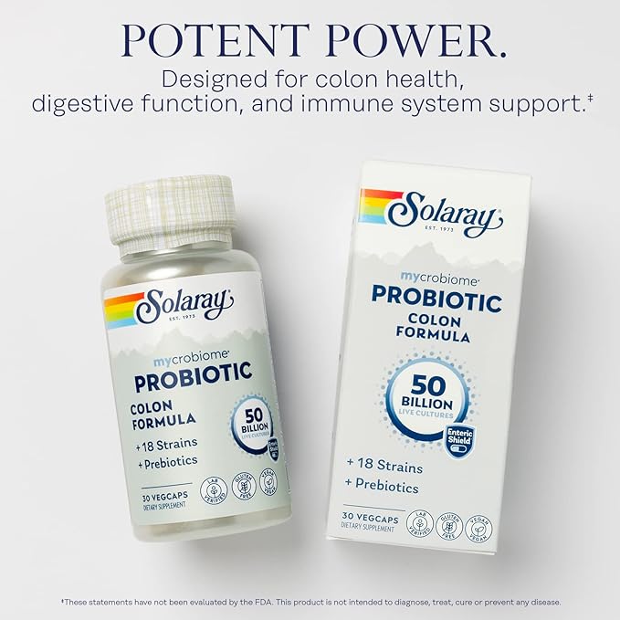 SOLARAY Mycrobiome Probiotic Colon Formula Vegan Digestive Function Colon Health and Immune System Support 50 Billion CFU 18 Strains Prebiotic Inulin 60-Day Guarantee 30 Servings 30 VegCaps