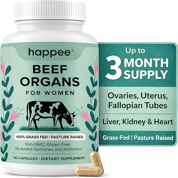 Happee Grass Fed Beef Organ Supplement for Women - Beef Liver Heart Kidney Ovary &amp Uterus Blend - Hormone Balance Energy &amp Cycle Support - 90 Capsules