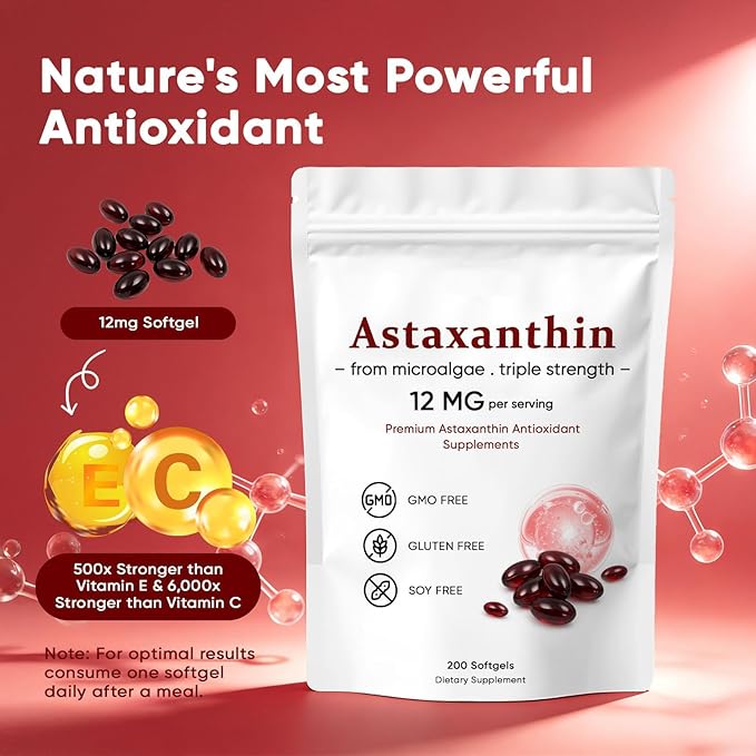 Astaxanthin 12mg Premium Astaxanthin Antioxidant Supplements Supports Eye Skin Immune Joint Internal Circulation Non-GMO Verified &amp Gluten Free - 200 Softgels
