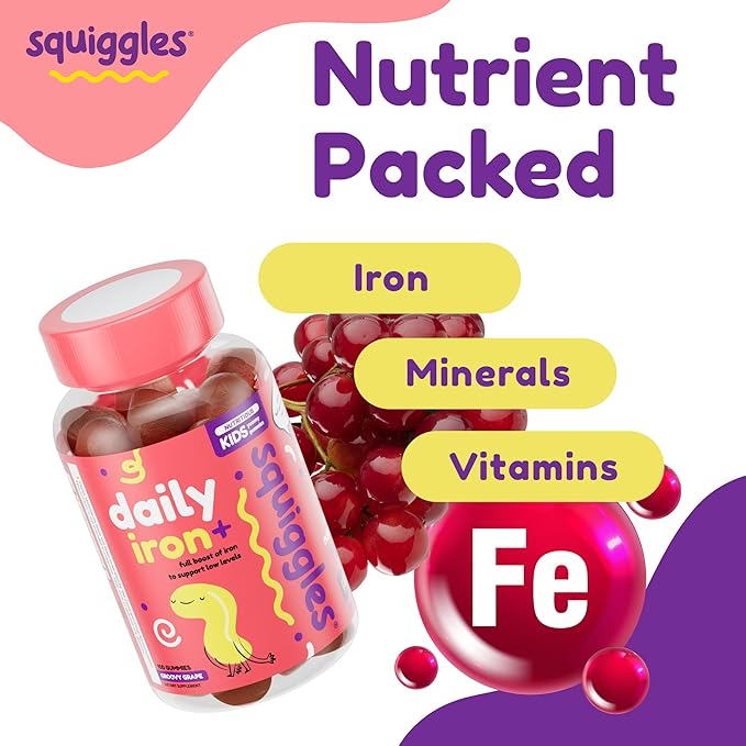 Squiggles Kids Daily Iron+ Gummies - Chewable Supplement with Iron Multivitamin for Children Low Sugar Vegan Toddler Gummies Yummy Grape Flavor (100 Count)