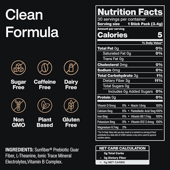 Mindful Tasteless Prebiotic Fiber for Your Coffee - Enhanced with L-Theanine Magnesium B Vitamins - Dissolves Clear &amp Taste-Free - Unflavored Unsweetened (30 Count)