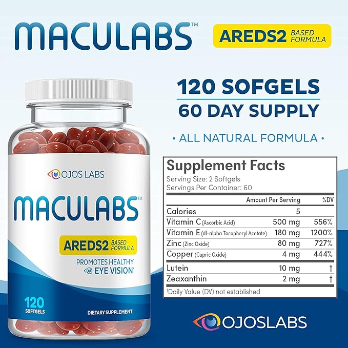 Eye Vitamins - AREDS 2 Based Formula - Eye Vitamin with Lutein &amp Zeaxanthin for Macular Health - Vision Supplements for Adults - 120 Softgels Support &amp Care for Eyes - Made in USA