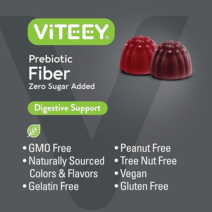 VITEEY Prebiotic Fiber Gummies for Adults 4g - Gut Health &amp Digestive Soluble Fiber Supplement Gummies - Zero Sugar Added Vegan Gluten-Free - 120 Count