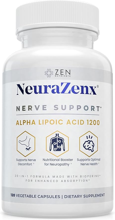 Zen Nutrients NeuraZenX Nerve Support &amp Peripheral Neuropathy Support Supplement with 1200mg Alpha Lipoic Acid (ALA) Benfotiamine L-Carnitine and Turmeric