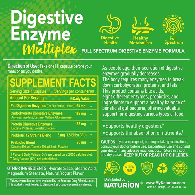 Digestive Enzyme Multiplex - Multi Enzymes Probiotic 12 Strains &amp Prebiotic for Digestive Health Bloating &amp Gut Health - Mealtime Discomfort Relief - 90 Vegan Capsules 90 Day Supply