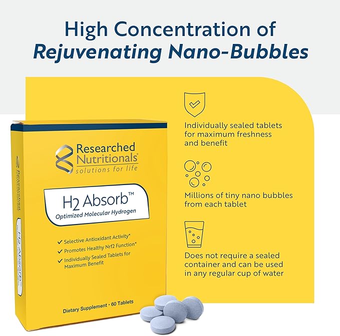 Researched Nutritionals H2 Absorb Molecular Hydrogen Tablets - Instant Hydrogenated Water &amp Antioxidant Supplement - Rejuvenating Drink to Promote Energy &amp Healthy Aging (60 Tablets)