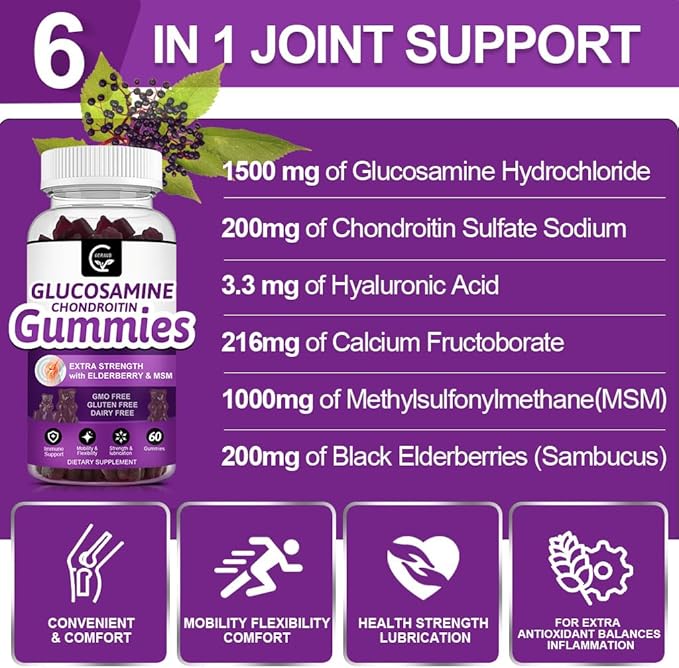 Glucosamine Chondroitin Gummies with MSM &amp Elderberry Extra Strength - Flexibility Support Antioxidant Immune Support Supplement for Adults Men &amp Women - 60 Chondroitin Gummies (2 Pack)