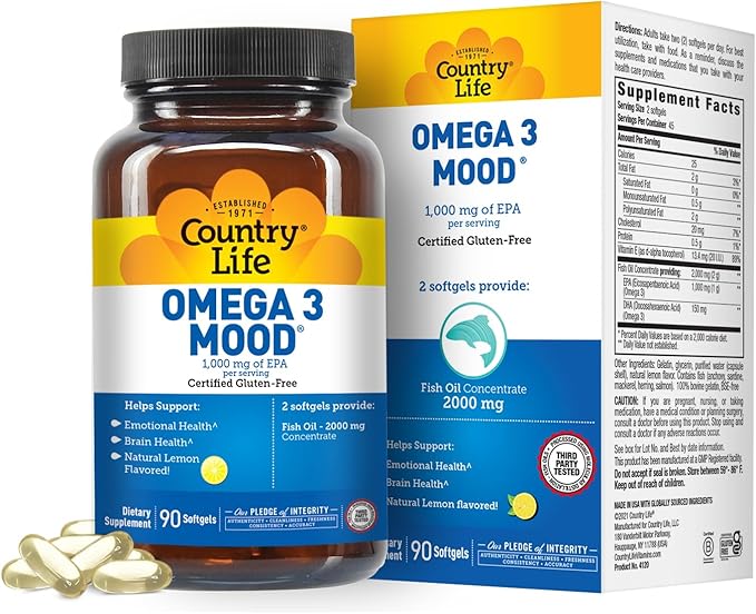 Country Life Omega 3 Mood – 2000mg Fish Oil with EPA &amp DHA – Brain Heart &amp Mood Support – Lemon Flavored No Fishy Aftertaste – Certified Gluten Free Non-GMO – 90 Softgels
