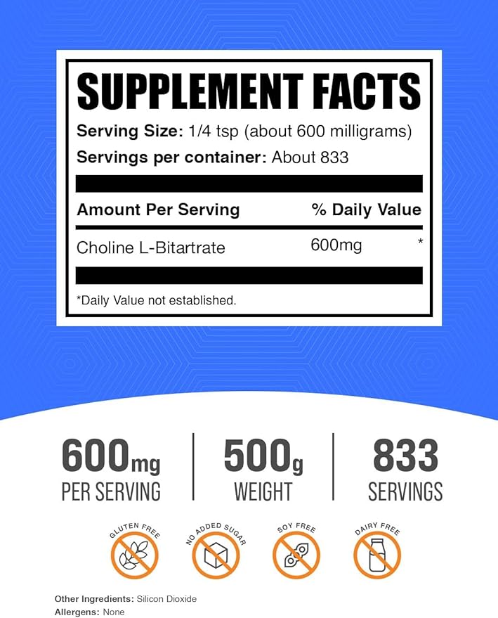 BulkSupplements.com Choline Bitartrate Powder - Choline Supplements - Unflavored &amp Gluten Free 600mg per Serving 500g (1.1 lbs) (Pack of 1)