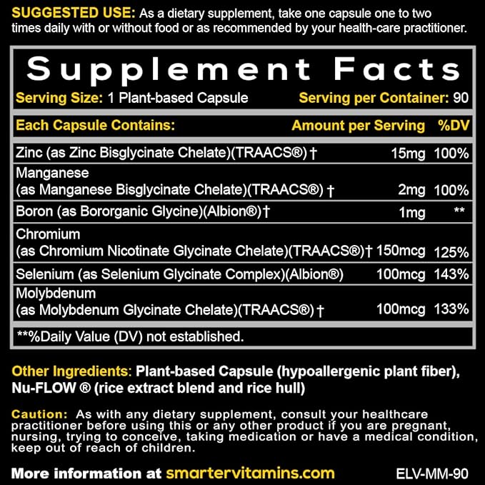 15mg Zinc Glycinate from Albion® 6 Essential Trace Bisglycinate Minerals Manganese Boron Chromium Selenium Molybdenum Supplement 90 Plant-Based Vegan Capsules