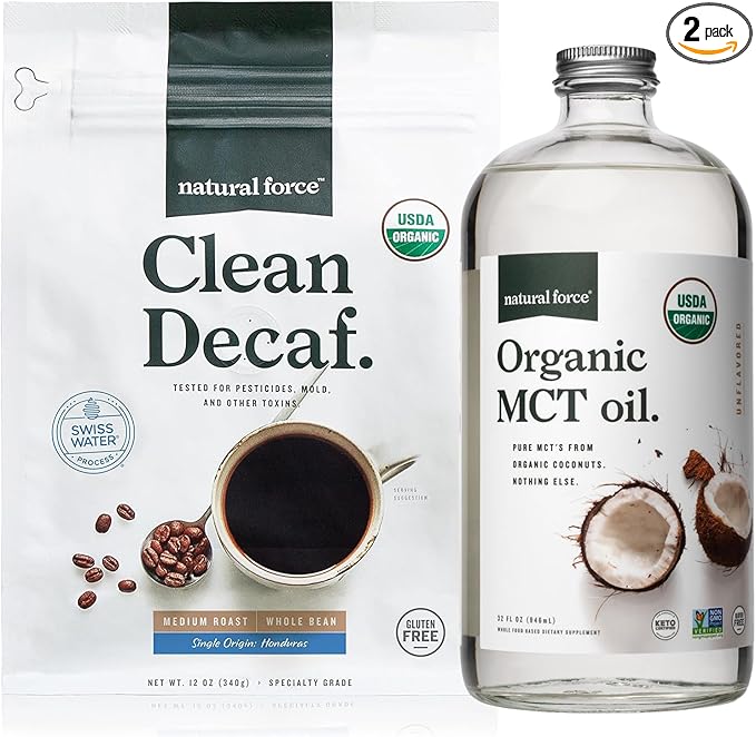 Natural Force Organic Clean Decaf Coffee + Organic MCT Oil Bundle – 100% Pure Coconut MCTs &amp Mold &amp Mycotoxin Free Coffee – Non-GMO Keto Paleo and Vegan - 12 Oz and 32 Oz