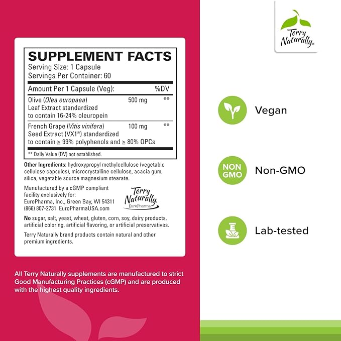 Terry Naturally Blood Pressure Health - 60 Vegan Capsules - Promotes Healthy Circulation &amp Blood Pressure Levels - Non-GMO Gluten Free - 60 Servings
