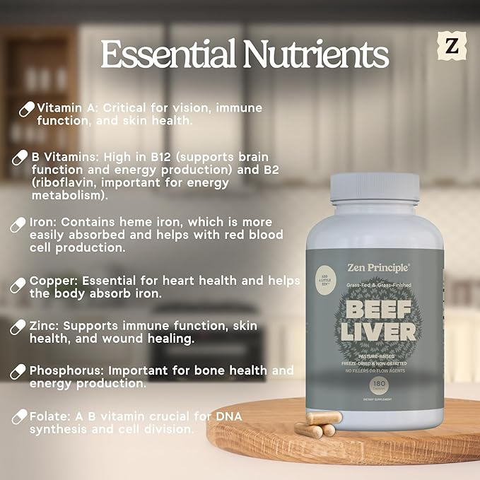 Zen Principle Ultra-Pure Desiccated Beef Liver Grass-Fed &amp Finished New Zealand No Hormones or GMOs Natural Energy &amp Workout Support with Iron Amino Acids &amp Vitamins. 180 Capsules