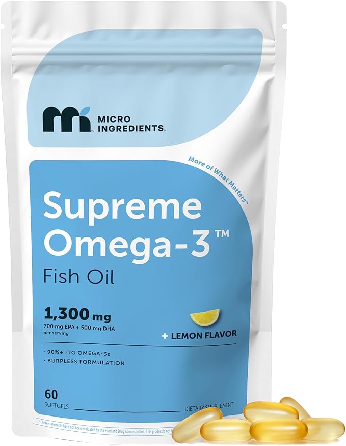 Micro Ingredients Supreme Omega-3 Fish Oil w/Ultra High EPA &amp DHA Burpless Softgels | rTG Omega-3 with Vitamin D3 | Wild-Caught Cold Deep-Sea Fish | Lemon Flavor Easy to Swallow 60ct
