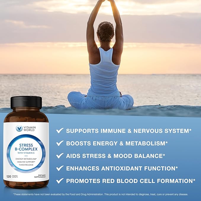 Vitamin World Stress Vitamin B Complex with Vitamin C Timed Release High-Potency Vitamin B6 B12 Niacin Folate &amp Biotin for Stress Energy Metabolism &amp Immune Support Non-GMO 120 Caplets