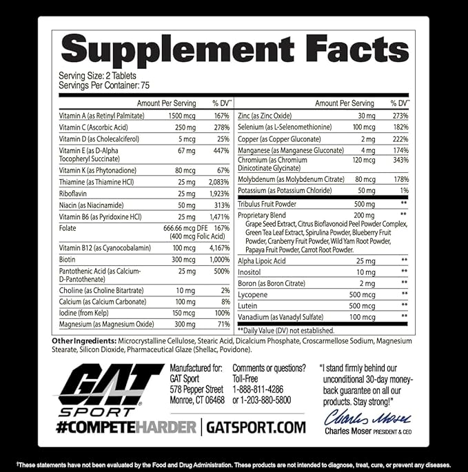 GAT SPORT Men's Multi + Test Premium Multivitamin Tablets (150 Count)