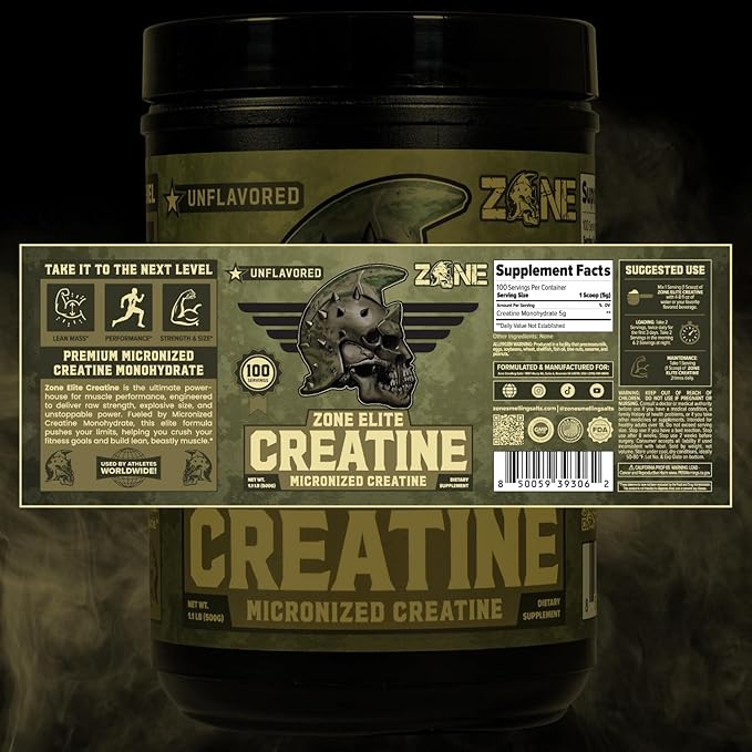 Zone Creatine Monohydrate Powder - Micronized Creatine for Men and Women Suppot Muscle Growth Endurance (Unflavored 5g per Scoop 100 Servings)