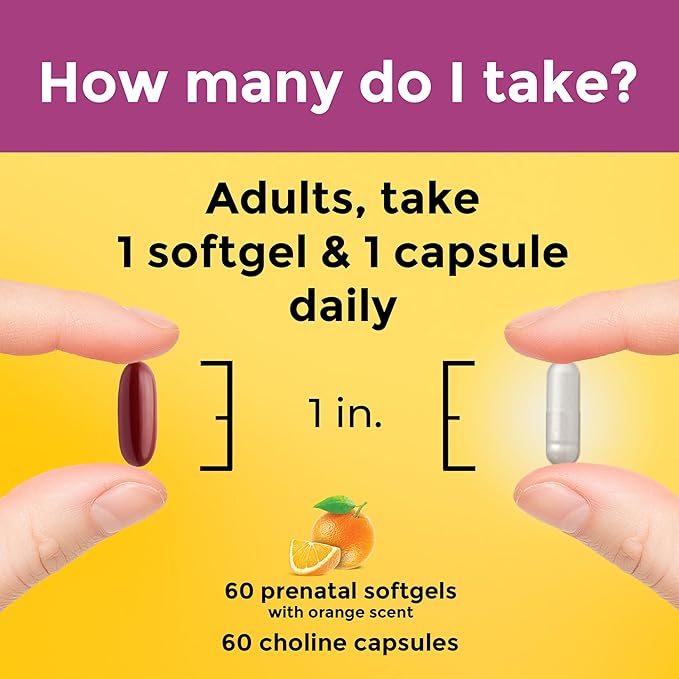 Nature Made Prenatal Vitamin Softgels + Choline Capsules Folic Acid + DHA + Choline 60 Prenatal Vitamins for Women 60 Choline Supplements Capsules 60 Day Supply