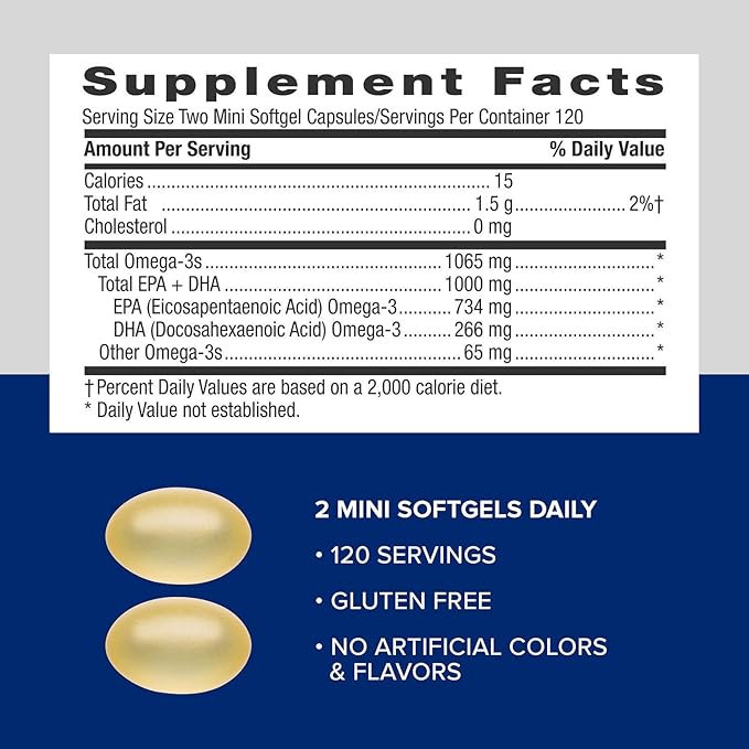 GNC Triple Strength Fish Oil Mini Omega 3 Supplement 1000mg EPA and DHA Supports Heart Brain Skin Eye and Joint Health 240 Mini Softgels