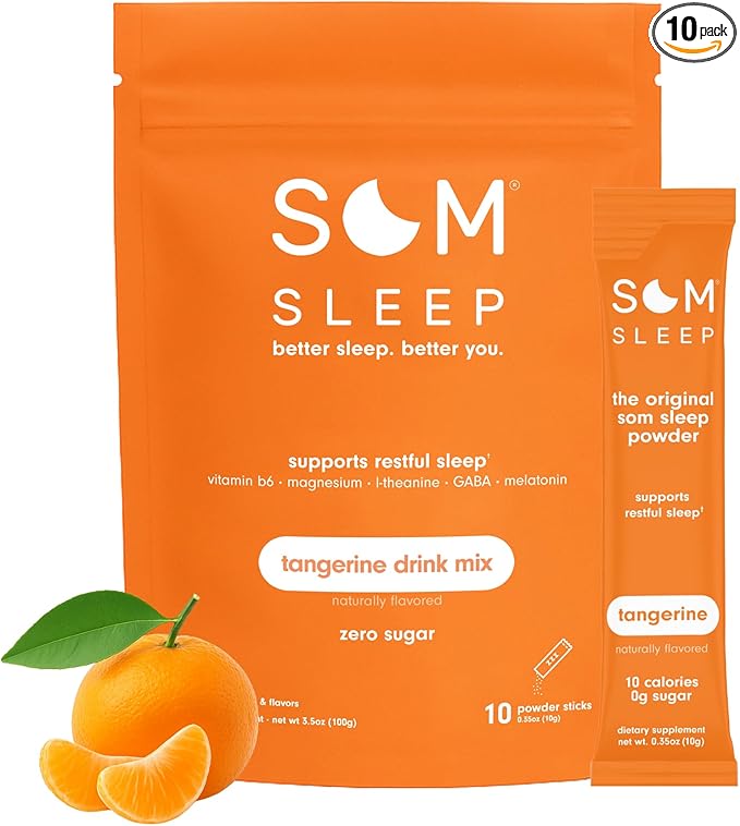Som Sleep Calm Sleep Aid Powder Drink Mix w/Magnesium Melatonin 3mg Vitamin B6 L-Theanine &amp GABA – Vegan Zero Sugar – Tangerine 10-Pack