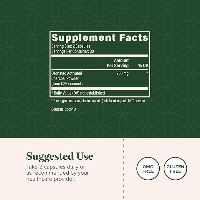 Global Healing Center - Ozonated Activated Charcoal Powder - Advanced Digestive Detox that Adsorbs Internal Unwanted Compounds - Helps Relieve Occasional Gas Discomfort - 60 Activated Charcoal Pills