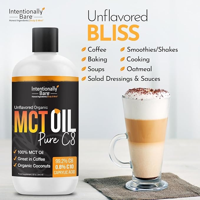 Intentionally Bare MCT Oil - Coconut Oil with 99.2% C8 and 0.8% C10 for Clean Energy Brain Health &amp Focus - MCT Oil C8 for Keto Paleo &amp Vegan Diet - Unflavored Coconut MCT for Coffee &amp S