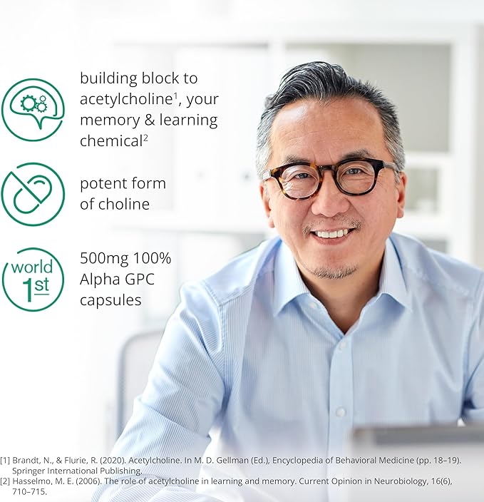 Acetylcholine Supplement | 99% Alpha GPC Capsules (60) | 1-a-Day | Memory Focus Concentration Nootropic Brain Supplement | Acetylcholine Precursor | Alpha GPC Powder in Capsule | Lab-Tested