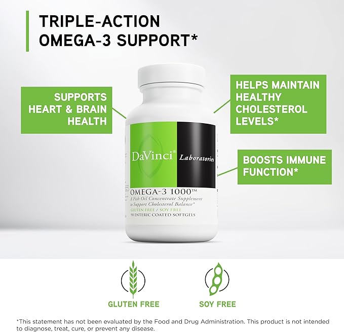 DAVINCI Labs Omega-3 1000 - Dietary Supplement to Maintain Already Normal Cholesterol Levels and Support Immune System Healthy Hair and Skin* - Gluten-Free - 90 Enteric Coated Softgels
