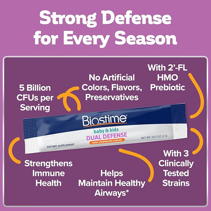 Biostime Baby &amp Kids Dual Defense – Nasal &amp Respiratory Support | Includes Probiotics for Immune Support | 5 Billion CFUs | 2’-FL HMO Prebiotic | Clinically Tested Strains | 28 Sachets