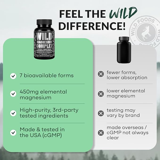 Wild Foods Magnesium Complex Supplement with 7X Forms 90 Capsules | High Absorption Full Spectrum Easy Digestion | 500mg Glycinate Bisglycinate Malate Orotate Citrate Taurate