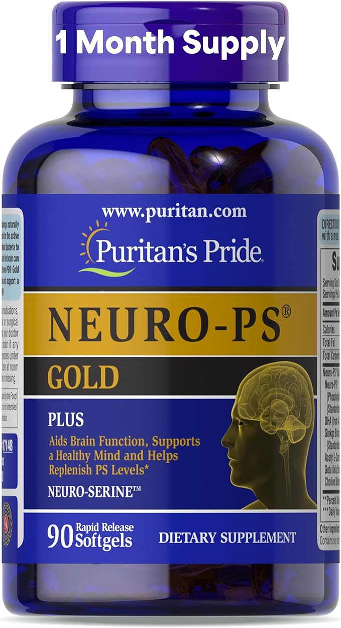 Puritan's Pride Neuro-PS® Gold Plus Neuro-Serine™ with Gingko Biloba and DHA Advanced Dietary Supplement for Brain Function Health and Memory Support 1 Month Supply 90 Rapid Release Softgels