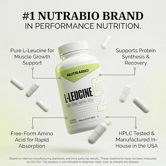 NutraBio L-Leucine Supplement - Optimal Amino Acid for Muscle Growth &amp Recovery - Naturally Fermented Free Form Leucine Amino Acids Supplement- Vegan Non-GMO Gluten Free - 400mg 180 Capsules