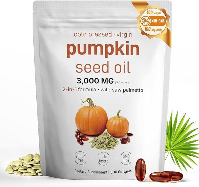 Pumpkin Seed Oil with Saw Palmetto - Cold-Pressed Softgels for Hair Growth &amp Prostate Support - Organic Supplement for Men &amp Women Non-GMO 300 Softgels