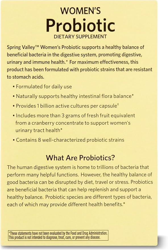 Probiotics for Women Capsules Dietary Supplement 1 Billion CFUs - Digestive Health by Spring Valley (60 Capsules - Pack of 1) VSL-Shops