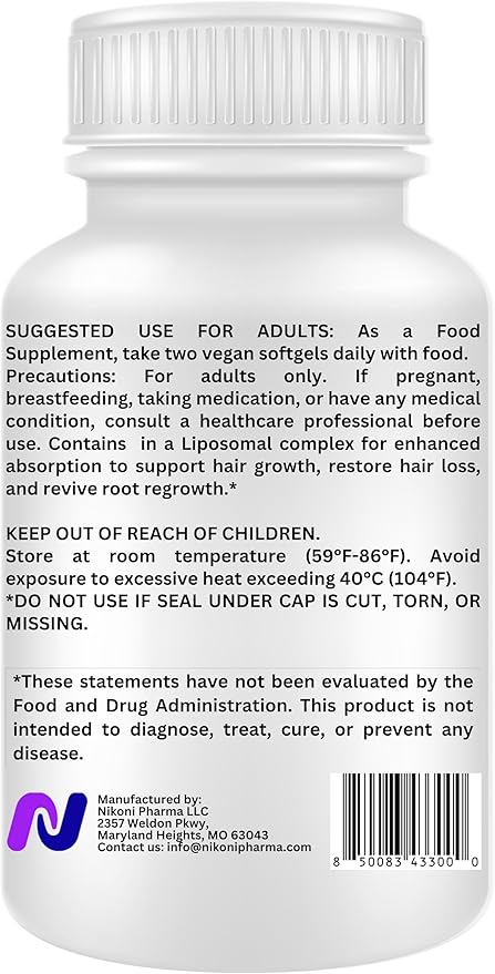 Nikoni Hair ReGROW for Men – Liposomal Hair Support Liposomal Formula with Biotin Keratin Saw Palmetto &amp Essential Nutrients-60 Vegan Softgels