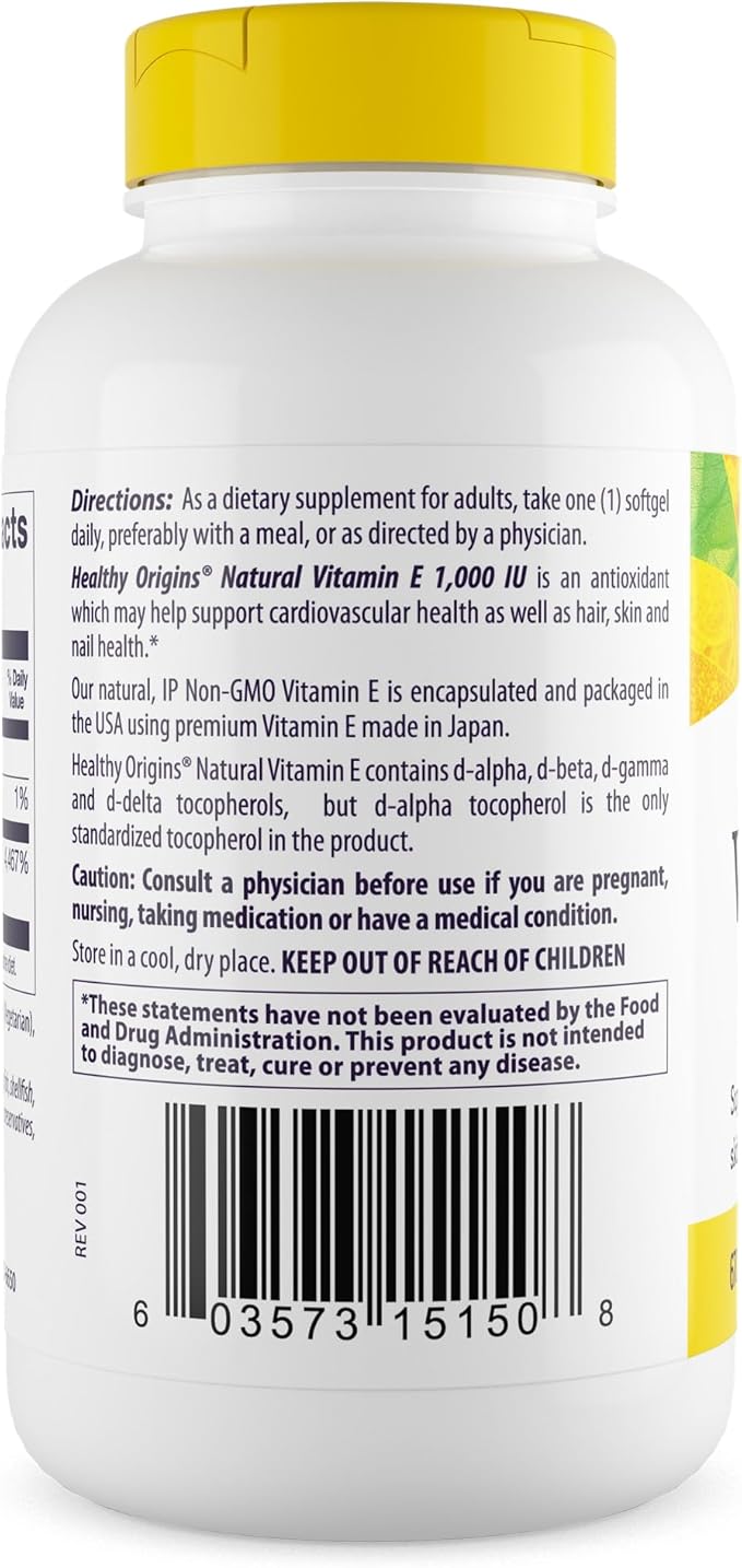 Healthy Origins Vitamin E 1000 IU (670 mg) 240 Liquid Softgels - Natural Mixed Tocopherols (d-Alpha d-Beta d-Gamma d-Delta)