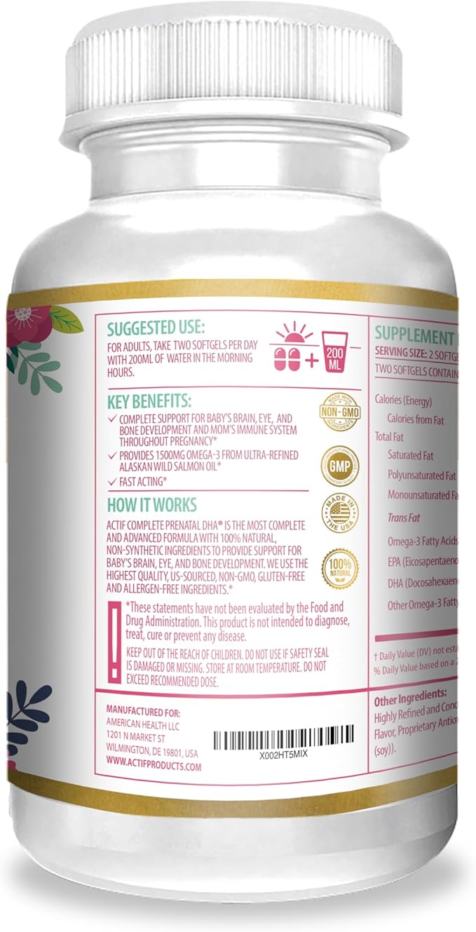 Actif Complete Prenatal DHA with 1500mg Omega-3 100% Natural Organic DHA EPA Omega 3 - Non-GMO 90 Gummies