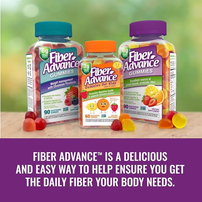 Fiber Advance Gummies | 100% Plant Based Fiber Supplement for Digestive Health | Chicory Root Inulin Prebiotic Gummies for Adults | Gluten Free Vegetarian &amp Non-GMO (Pack of 3)