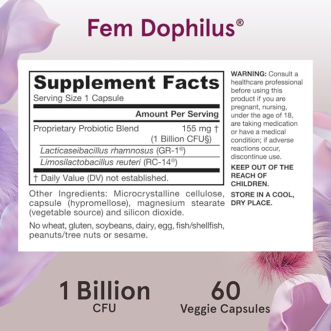 Jarrow Formulas Fem-Dophilus - 1 Billion Organisms Per Serving - 60 Veggie Capsules - Women’s Probiotic - Urinary Tract Health - Up to 60 Servings (Pack of 2)