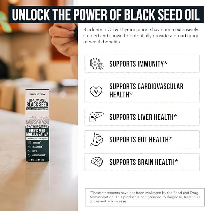 Black Seed Oil Liquid | 5% Thymoquinone - TQ-Advanced® | High Potency - 100 mg per Serving - 15:1 Concentrate from Nigella Sativa Extract Raw Form Vegan Formula Glass Bottle (30 Servings)