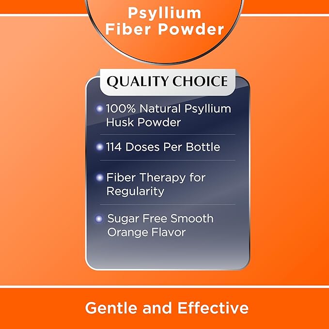Quality Choice Psyllium Fiber Powder Sugar Free Orange Flavor Formula 114 Doses for Daily Digestive System Support. Promotes Regularity with Gentle Soluble Fiber in Convenient Powder Formula