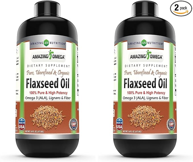 Amazing Omega Flaxseed Oil Supplement | Omega 3 Lignans &amp Fiber | 16 Oz | Non-GMO | Gluten Free | Made in USA (Pack of 2)