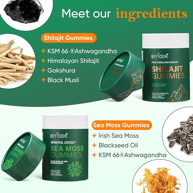 Bundle of Himalayan shilajit &amp sea Moss Gummies – 3000 mg shilajit sea Moss 1600mg ksm 66 ashwagandha no Added Sugar lab Tested 75%+ fulvic Acid 92+ Minerals All One Supplement(1 Package).