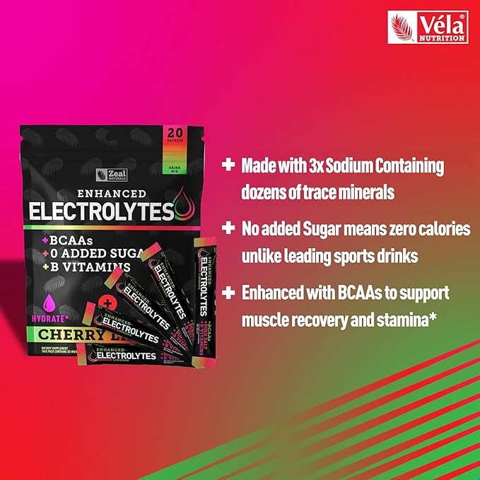 Enhanced Electrolyte Powder Stick Packs (Cherry Limeade | 20 Packets) w/ 0 Sugar +BCAAs +B-Vitamins Electrolyte Supplement w Potassium Zinc &amp Magnesium for Hydration - Keto Electrolytes