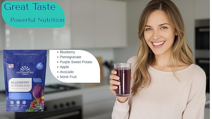 Blueberry Superblend: 100% Freeze-dried Powder Superfoods blend Juice BlueberryPomegranatePurple Sweet PotatoAvocadoApple Monk fruits No Added Sugar No Filler Just pure natural goodness!