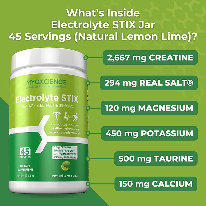 MYOXCIENCE Electrolyte STIX | Creatine Electrolyte Powder | Recovery from Exercise &amp Muscle Development w/Real Salt (Lemon Lime Flavor) (Jar 45 ct)