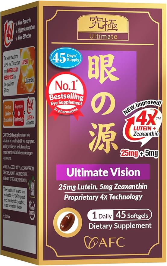 AFC Japan Ultimate Vision 4X - Improved Up-Sized Eye Formula with Lutein Zeaxanthin Bilberry Extract and Vitamins for Age-Related Eye Problem Blurry &amp Poor Vision Dry Eye Macular Health 45s